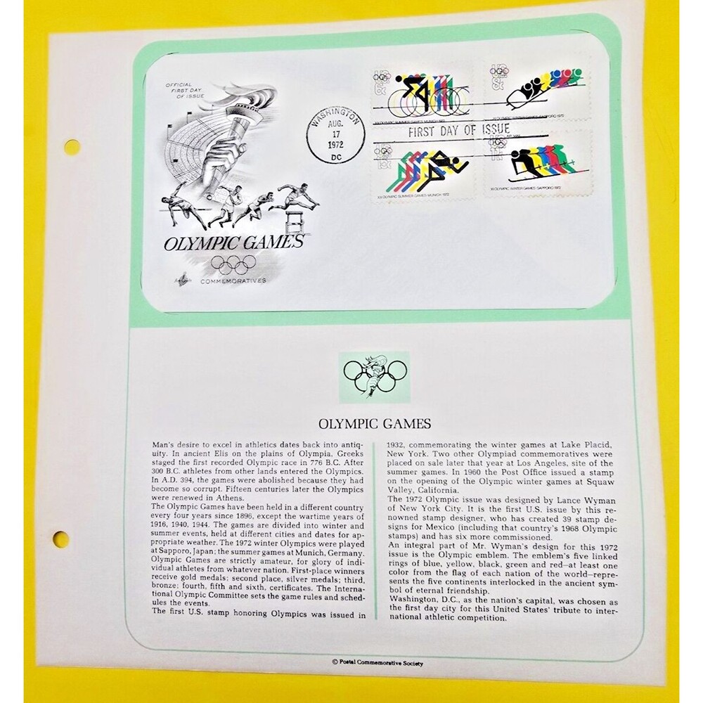 Olympic Games Commemoratives - US Over Size Envelop Aug 1972 First Day Cover